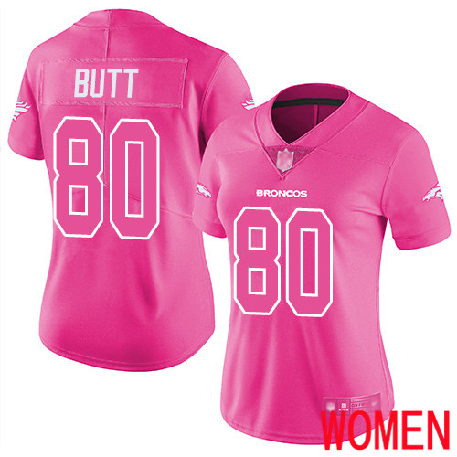Women Denver Broncos #80 Jake Butt Limited Pink Rush Fashion Football NFL Jersey